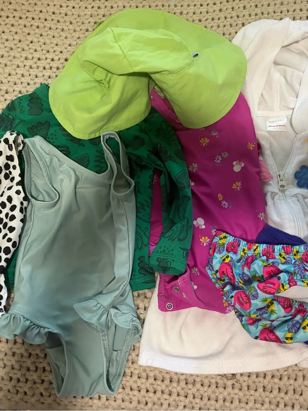 Hanna Andersson Lime Hat, Teal/Mint One-Piece & Pink Floral Swim Set
